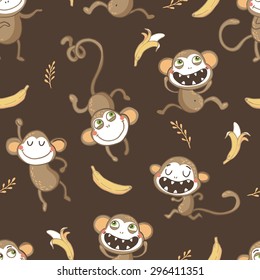 Vector illustration. Seamless pattern with funny monkeys and bananas.