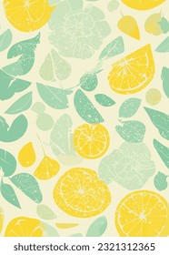 Ilustración vectorial, patrón sin fisuras de limoneros geométricos, hojas y flores abstractas en un estilo mínimo a mediados de siglo en una paleta verde fresco de menta amarilla. Desi intemporal, retro y vintage de los años 1950