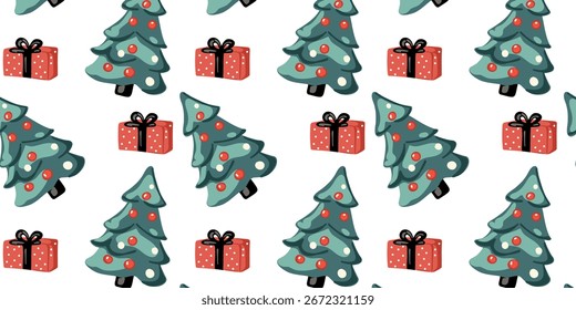 ilustração vetorial padrão sem emenda de caixas de presente e árvore de natal