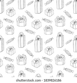 Ilustración vectorial de un patrón sin fisuras de regalos y dulces para la festividad. Elementos de cajas con arcos y caramelos en envolturas se dibujan a mano sobre un fondo blanco. Gráficos de tinta. Diseño de papel.