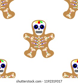 Vector illustration. Seamless pattern. Gingerbread man decorated colored icing. Holiday cookie in shape of man. Day of the dead cookie. halloween pattern on white background.