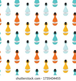 Vector Illustration. Seamless pattern with glass bottle for printable products. Hand draw sketch silhouette jar. Simple doodle repeat background in scandinavian style