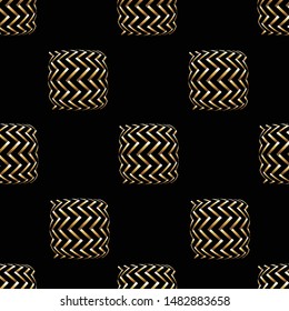 Vector illustration of a seamless pattern. Gold picture on a black background. Staggered squares.