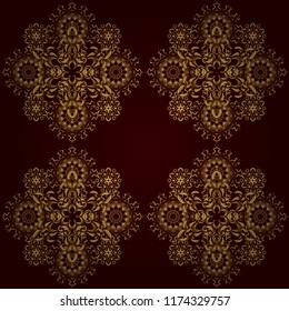 Vector illustration. Seamless pattern with golden elements on brown background. Good for Christmas cards, decoration, menus, web, banners and designs related to wine and holidays.