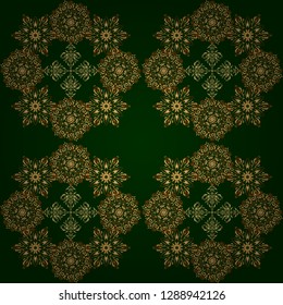 Vector illustration. Seamless pattern with golden elements on green background. Good for Christmas cards, decoration, menus, web, banners and designs related to wine and holidays.
