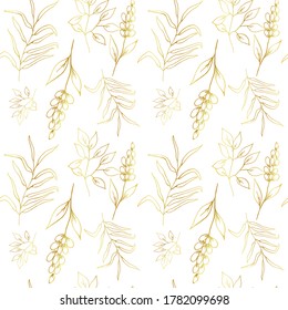 Vector illustration. Seamless pattern with golden twigs on a white background. Seamless background for paper, textile, fabric, etc.