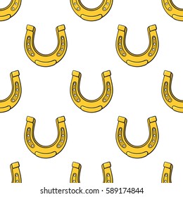 Vector illustration. Seamless pattern. Golden horseshoes for good luck on white background. Decoration for gift paper, prints for clothes, textiles, wallpapers