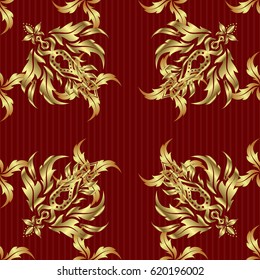 Vector illustration. Seamless pattern with golden elements on red background. Good for Christmas cards, decoration, menus, web, banners and designs related to wine and holidays.