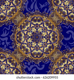Vector illustration. Seamless pattern with golden elements on blue background. Good for Christmas cards, decoration, menus, web, banners and designs related to wine and holidays.