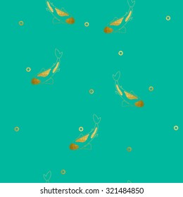 Vector illustration of seamless pattern. Goldfish, koi on turquoise background. Trendy line style with splash of gold paint.