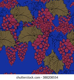 Vector illustration of seamless pattern with grape. Limited color linear graphic: green, pink, black,blue. Hand drawing. Good for textile printing.Perfect for wrapping paper, etc.