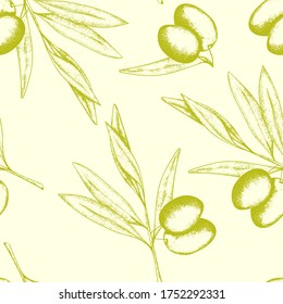 Vector illustration with seamless pattern of green olive branch on a light  background. Label for olive oil producers, olive packaging design, wrapping and fabric print