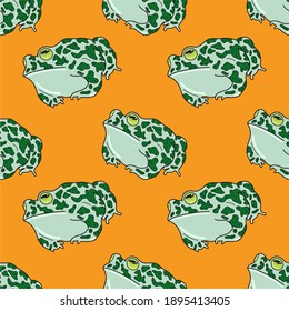 Vector illustration, seamless pattern. Green toads on a yellow background.