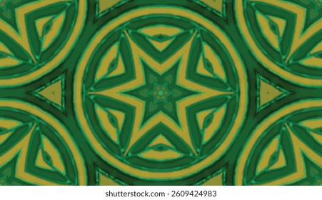 Vector illustration of a seamless pattern of green and gold six-pointed stars surrounded by overlapping circles.