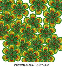 Vector illustration of the seamless pattern with green and yellow flowers in zentangle style. 