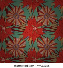Vector illustration. Seamless pattern with a green, brown and red bright summer floral print, flowers, foliage.