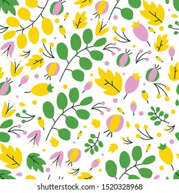 vector illustration of seamless pattern. Greens, branches, berries, dry leaves. Simple, delicate, decorative