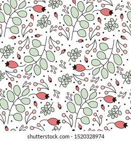 vector illustration of seamless pattern. Greens, branches, berries, dry leaves. Simple, delicate, decorative