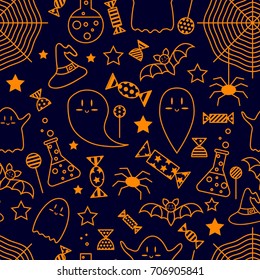 vector illustration. seamless pattern. Halloween. background with ghosts, candy, spider web, spiders, bat, stars, hats, and flasks. Black and orange.