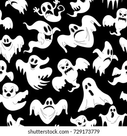 Vector illustration of seamless pattern with Halloween spooky ghosts for horror holiday party celebration. Pattern can be used for wallpaper, pattern fills, web page background, surface textures