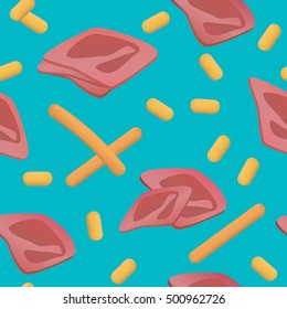 Vector illustration of a seamless pattern with ham and sausage isolated on blue background. 