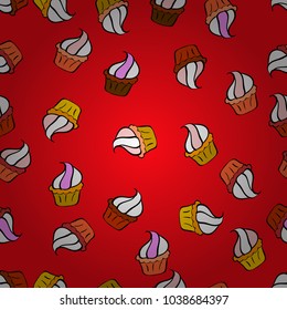 Vector illustration. Seamless pattern with hand drawn doodle desserts: cupcakes, cake, pie, muffins. Cute birthday background on red, white and black.
