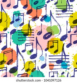 Vector illustration, seamless pattern with hand drawn music notes on a bright colorful background with ink drops.