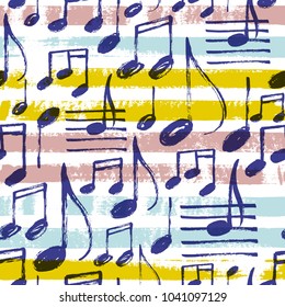 Vector illustration, seamless pattern with hand drawn music notes on a bright colorful background with paint stripes.