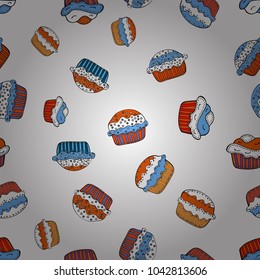 Vector illustration. Seamless pattern with hand drawn doodle desserts: cupcakes, cake, pie, muffins. Cute birthday background on white, orange and blue.