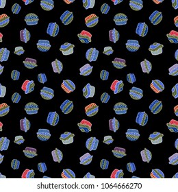 Vector illustration. Seamless pattern with hand drawn delicious cupcakes on black, blue, green, white and neutral. Beautiful food design elements, perfect for prints and patterns.