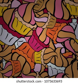 Vector illustration. Seamless pattern hand drawn cupcakes. Orange, black, neutral, pink and beige color. Print for bakery. Sweets background design.