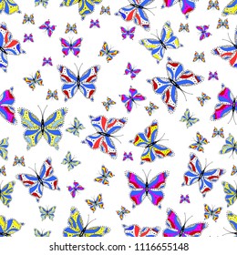 Vector illustration. Seamless pattern of Hand Drawn silhouette butterflies with watercolor texture. Illustration in white, blue and yellow colors. In vintage style.