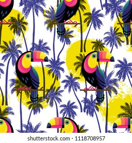 Vector illustration,  seamless pattern with hand drawn palm trees and Toucans.