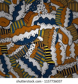 Vector illustration. Seamless pattern with hand drawn doodle desserts: cupcakes, cake, pie, muffins. Cute birthday background on white, black and blue.