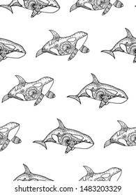 Vector illustration of seamless pattern from hand drawing patterned killer whale. Doodle Orca. Coloring page book anti stress for adult