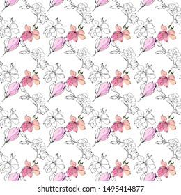Vector illustration. Seamless pattern of hand drawn magnolia flowers. Pink flowers are combined with unpainted buds. Background for fabric, textile, paper, wallpaper, etc.
