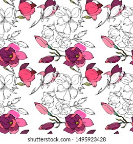 Vector illustration. Seamless pattern of hand drawn magnolia flowers. Maroon flowers are combined with unpainted buds. Background for fabric, textile, paper, wallpaper, etc.