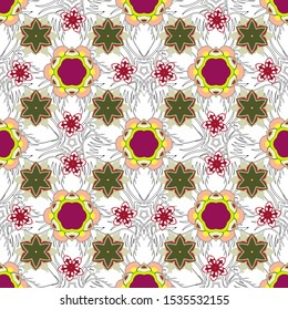 Vector illustration. Seamless pattern of hand drawn many little flowers in white, beige and green colors.