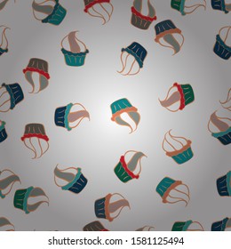 Vector illustration. Seamless pattern with hand drawn delicious cupcakes on yellow, white and blue. Beautiful food design elements, perfect for prints and patterns.