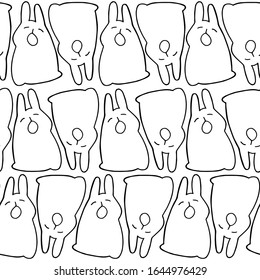Vector illustration. Seamless pattern. Hand drawing cartoon rabbits. Coloring page. Isolated on white. Minimalistic design. Black lines. Cute character. Original print.