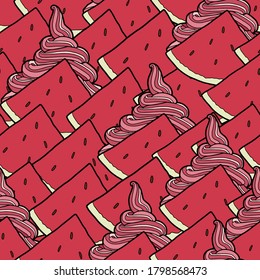 Vektorgrafik. Nahtloses Muster. Handzieheis. Wassermelone Eiscreme Sandwich. Frisch gedruckt.