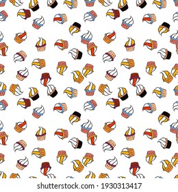 Vector illustration. Seamless pattern with hand drawn delicious cupcakes on orange, white and black. Beautiful food design elements, perfect for prints and patterns.