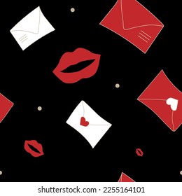 Vector illustration. Seamless pattern with hand drawn envelope and lips, dots. Cartoon background for Valentine's Day, Birthday, Women's Day and wedding design. Postcards, invitations, packaging.