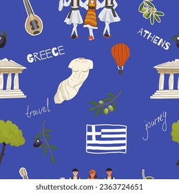 Vector illustration seamless pattern of hand drawn landmarks, attractions, sights, and symbols of Greece in doodle style. Tourism, travel.