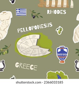 Vector illustration seamless pattern of hand drawn landmarks, attractions, sights, and symbols of Greece in doodle style. Tourism, travel.