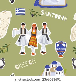 Vector illustration seamless pattern of hand drawn landmarks, attractions, sights, and symbols of Greece in doodle style. Tourism, travel.