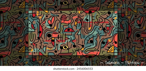 Vector illustration seamless pattern, Hand drawing abstract face, geometric shape, line with colorful color, inspired by Joan Miro style. Modern art graphic design for textile, wallpaper background