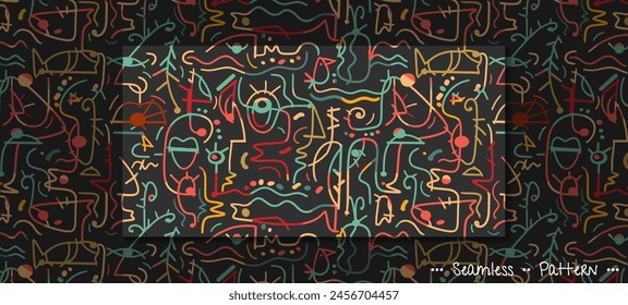 Vector illustration seamless pattern, Hand drawing abstract face, geometric shape, line with colorful color, inspired by Joan Miro style. Modern art graphic design for textile, wallpaper background