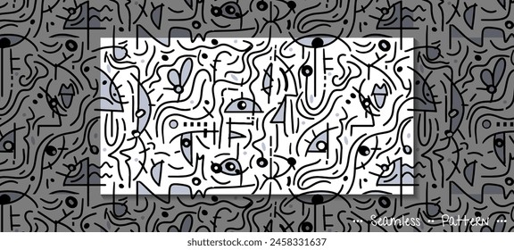 Vector illustration seamless pattern, Hand drawing abstract face, eye, geometric shape, black and white drawing line, inspired by Joan Miro. Modern art graphic design for fashion, textile, background