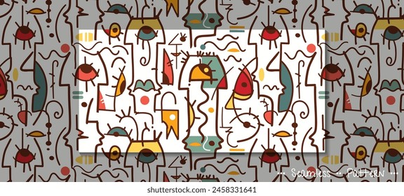 Vector illustration seamless pattern, Hand drawing abstract face, geometric shape, line with colorful color, inspired by Joan Miro style. Modern art graphic design for textile, wallpaper background